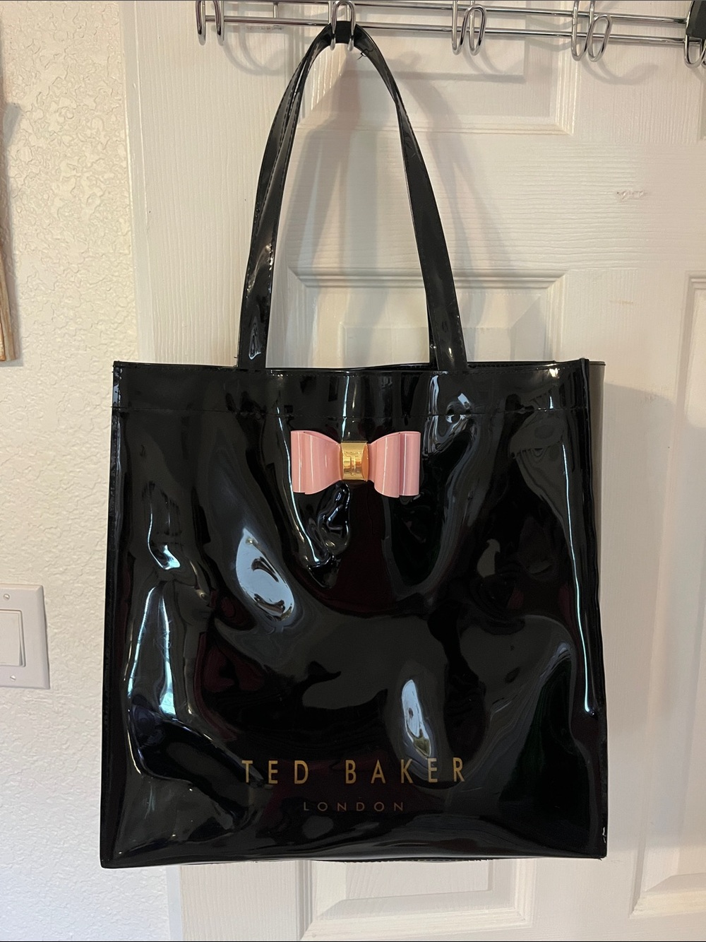 Ted Baker Black Patent Tote with Pink Bow Accent